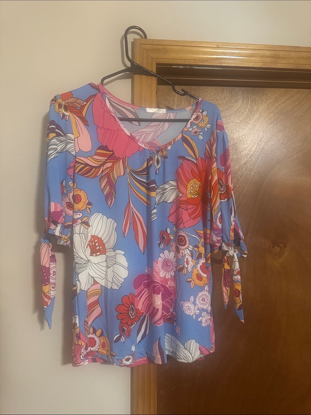 Bright Blue Floral Tie-Sleeve Blouse